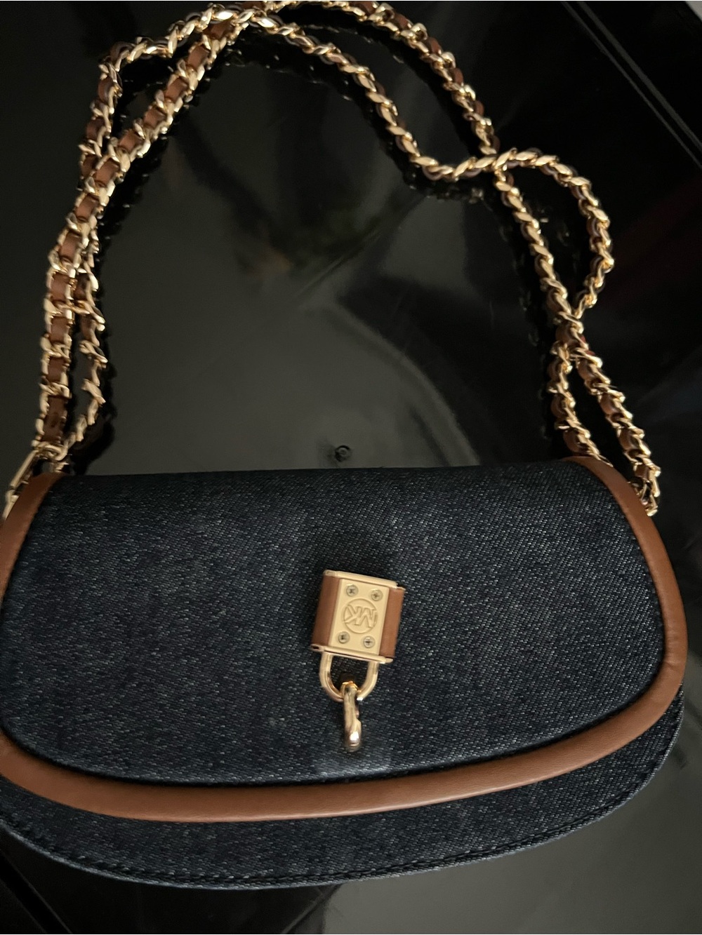 Michael kors Designer-Inspired Denim Crossbody Bag with Brown Trim